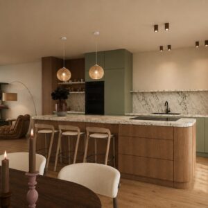 3D-visualisatie van een keuken als centraal punt van de woning