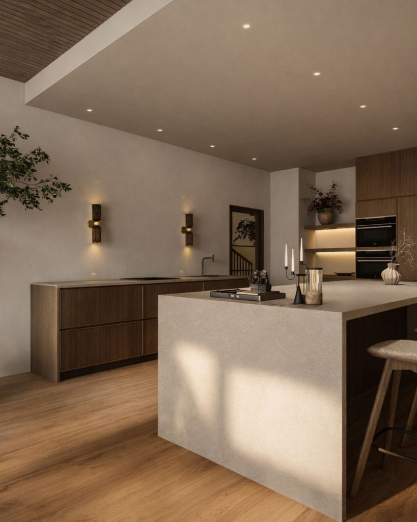 Avond render met basis, sfeer en accent verlichting