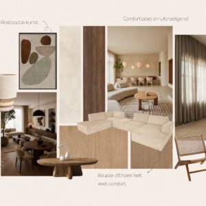 Moodboard met warme houttinten en natuurlijke texturen voor een open keuken en eetkamer