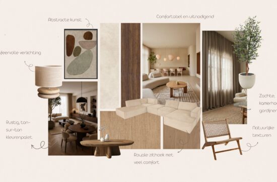 Moodboard met warme houttinten en natuurlijke texturen voor een open keuken en eetkamer