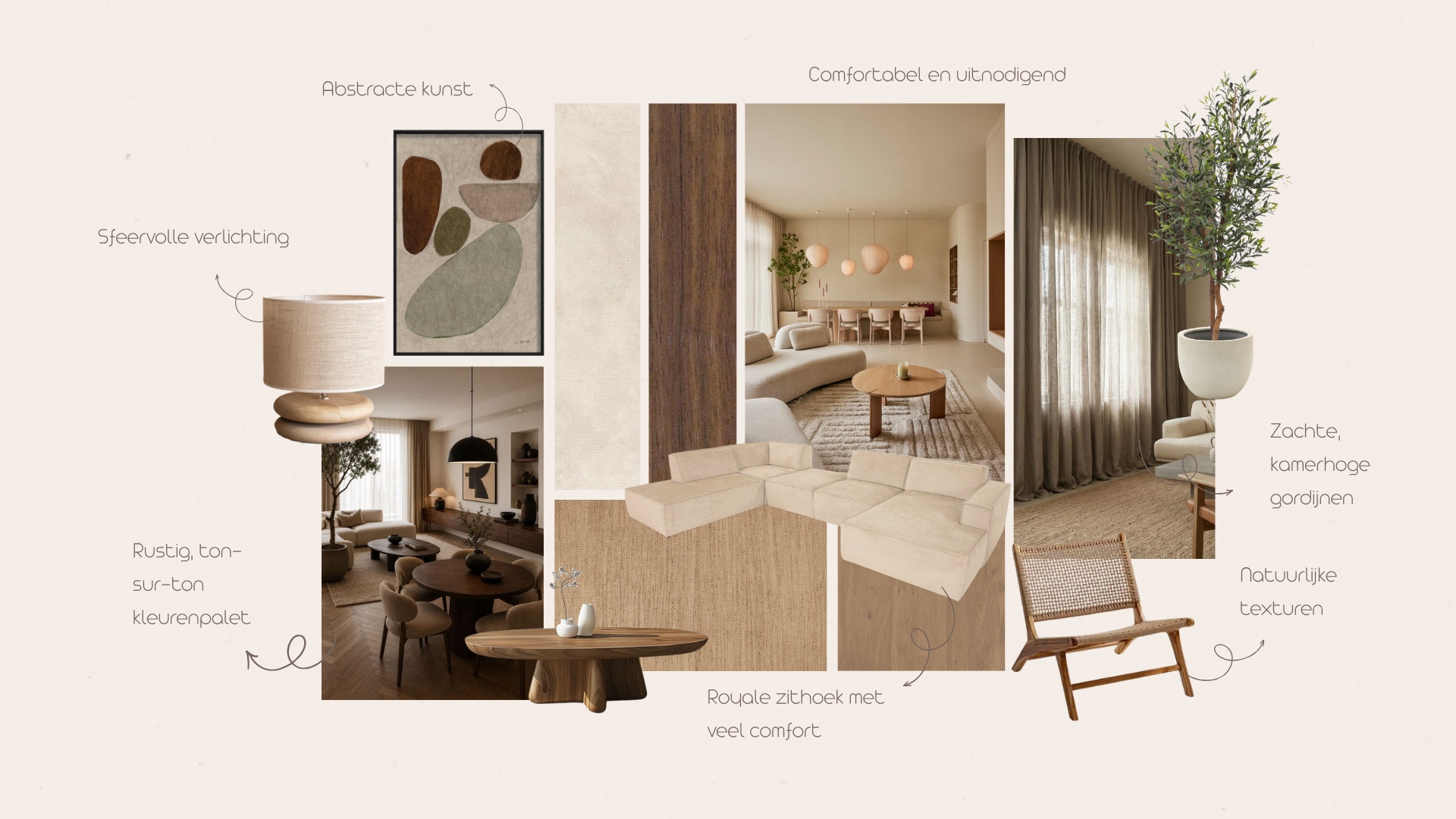 Moodboard met warme houttinten en natuurlijke texturen voor een open keuken en eetkamer